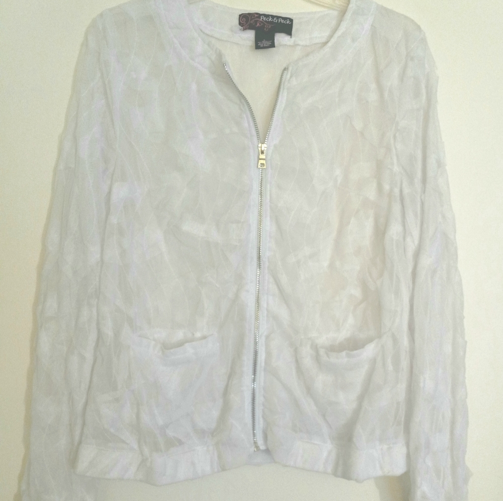 PECK & PECK size L full zip 2 pocket long sleeve top white
